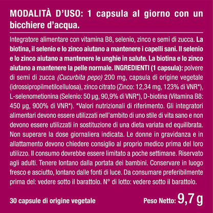 Biotina Nutrimea | Capelli, Unghie e Pelle | Vitamina B8, Zinco, Selenio e Semi di Zucca | Trattamento 4 Mesi | 120 Capsule Vegane