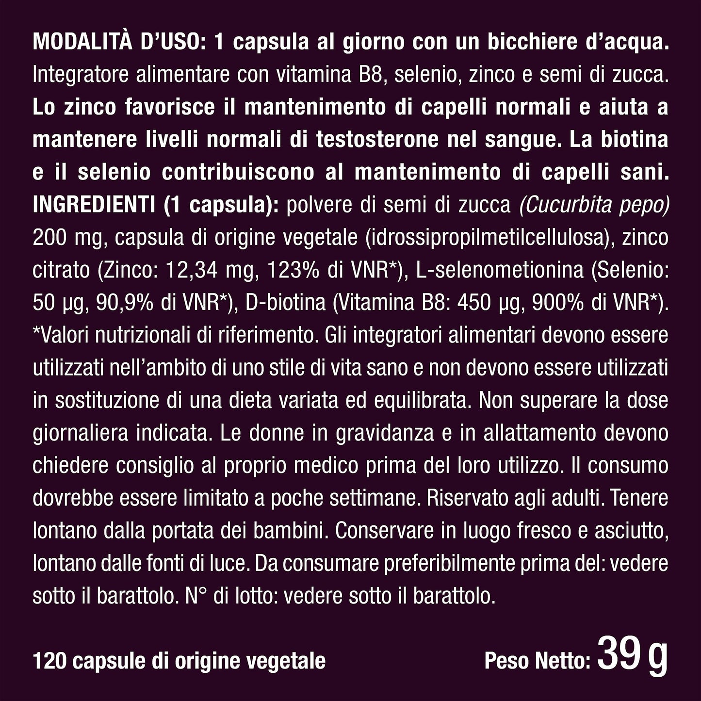 Biotina Nutrimea | Capelli, Unghie e Pelle | Vitamina B8, Zinco, Selenio e Semi di Zucca | Trattamento 4 Mesi | 120 Capsule Vegane