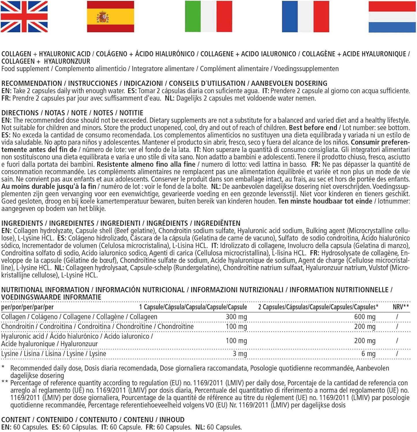 Vitamaze® Collagene con Acido Ialuronico + Condroitina + Lisina, 60 Capsule Idrolizzato, senza Additivi non Necessari.