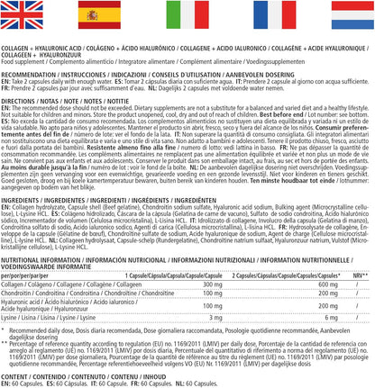 Vitamaze® Collagene con Acido Ialuronico + Condroitina + Lisina, 60 Capsule Idrolizzato, senza Additivi non Necessari.