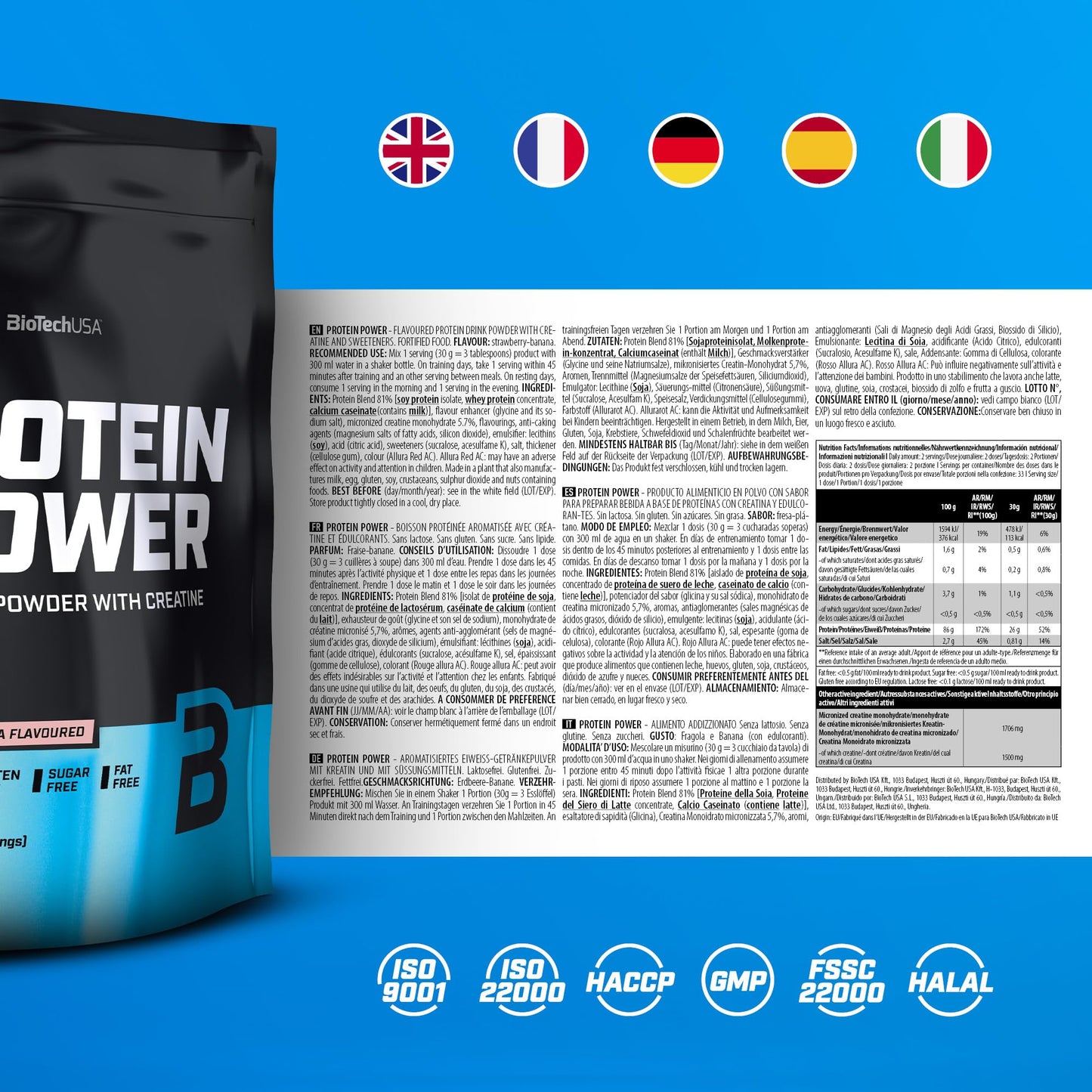 BioTechUSA Protein Power - Alto contenuto proteico, senza zucchero, senza lattosio, senza glutine e con aggiunta di creatina, 1000 g, Cioccolato