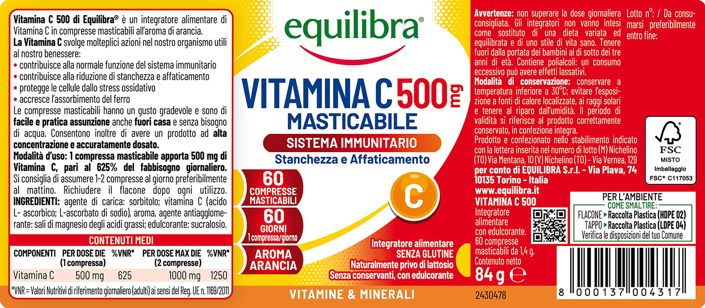 equilibra Integratori Alimentari, Vitamina C 500 mg, Integratore per la Normale Funzione del Sistema Immunitario, Riduce Stanchezza e Affaticamento, Aroma Arancia, 60 Compresse Masticabili