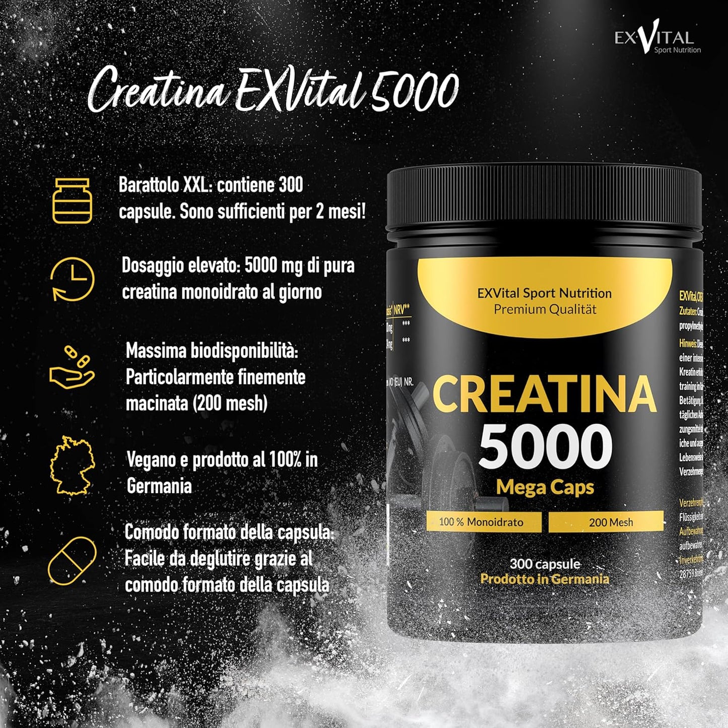 Creatina 5000 Mega Caps, stimolante per l'allenamento, 5000 mg di creatina monoidrato per dose giornaliera, 300 capsule, preworkout, Vegano