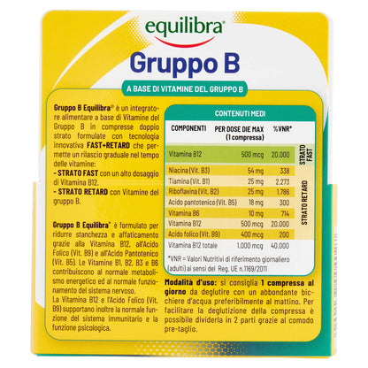 equilibra, Vitamine Gruppo B, Alto dosaggio B12 1000 mcg con Rilascio FAST e Fino a 8 Ore, Vegan, 30 Compresse Doppio Strato, Benessere Fisico-Mentale, Riduce Stanchezza e Affaticamento