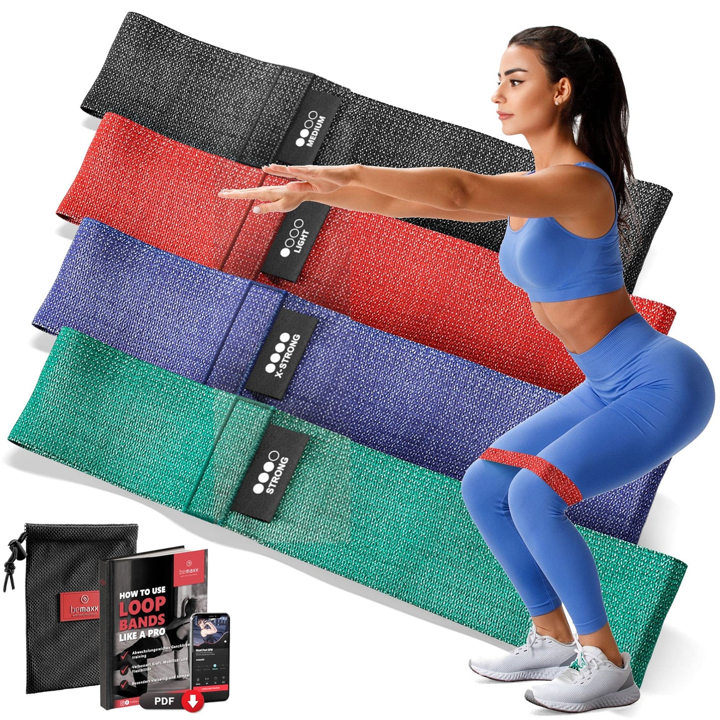 Loop Fasce Elastiche Fitness Set/Livelli Resistenza + eBook di Esercizio e Borsa | Banda Elastica Glutei Gambe Addominale Braccio, Trazioni Boxe Pull Up Pilates Sportiva Kit Uomo Donna