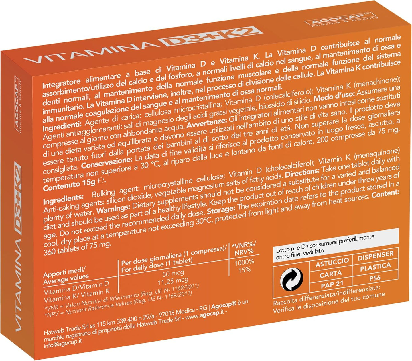 Vitamina D3 K2, 200 Microcompresse in Confezione Tascabile. Vitamina D3 2000 ui e Vitamina K2 (MK7), per Ossa, Denti, Articolazioni e Sistema Immunitario. Qualità ITALIANA. K2 Vitamina. D3 K2, Agocap