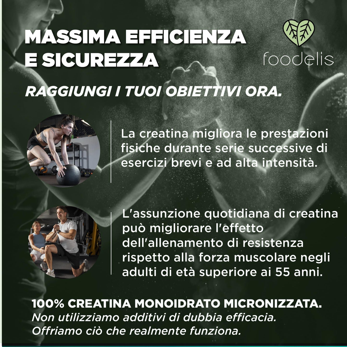 Creatina Monoidrata Micronizzata in polvere 100% - 300g - Insapore - Aumento delle prestazioni fisiche e della forza muscolare - Incluye dosatore - Altamente solubile - FOODELIS®