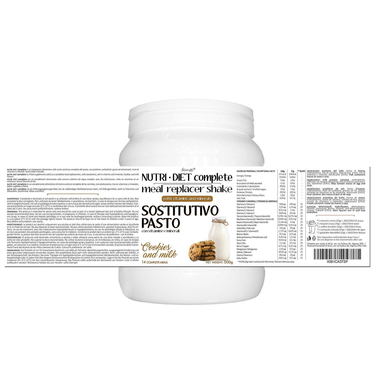 PASTO SOSTITUTIVO NUTRI DIET complete al gusto di LATTE e BISCOTTI Line@diet | 500g, 14 PASTI completi | ricco di vitamine e minerali