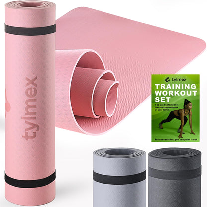 Tylmex Tappetino Yoga in TPE Antiscivolo con Tracolla e Set di Esercizi, Spessore 6 mm - Ideale per Yoga, Pilates e Allenamento a Casa, Tappetino da Ginnastica Pieghevole e Portatile