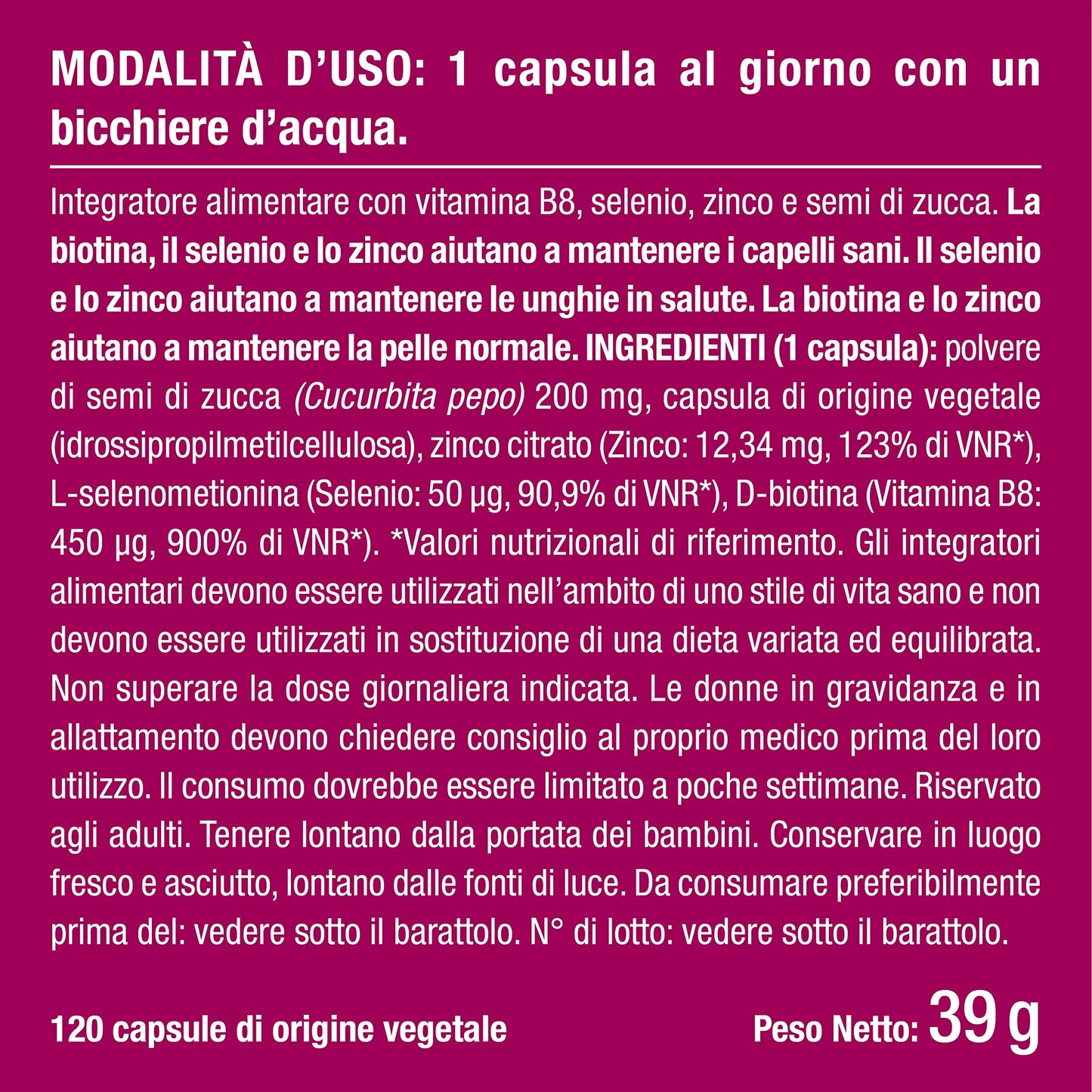 Biotina Nutrimea | Capelli, Unghie e Pelle | Vitamina B8, Zinco, Selenio e Semi di Zucca | Trattamento 4 Mesi | 120 Capsule Vegane