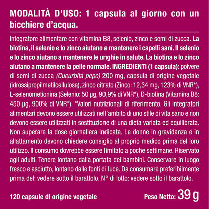 Biotina Nutrimea | Capelli, Unghie e Pelle | Vitamina B8, Zinco, Selenio e Semi di Zucca | Trattamento 4 Mesi | 120 Capsule Vegane