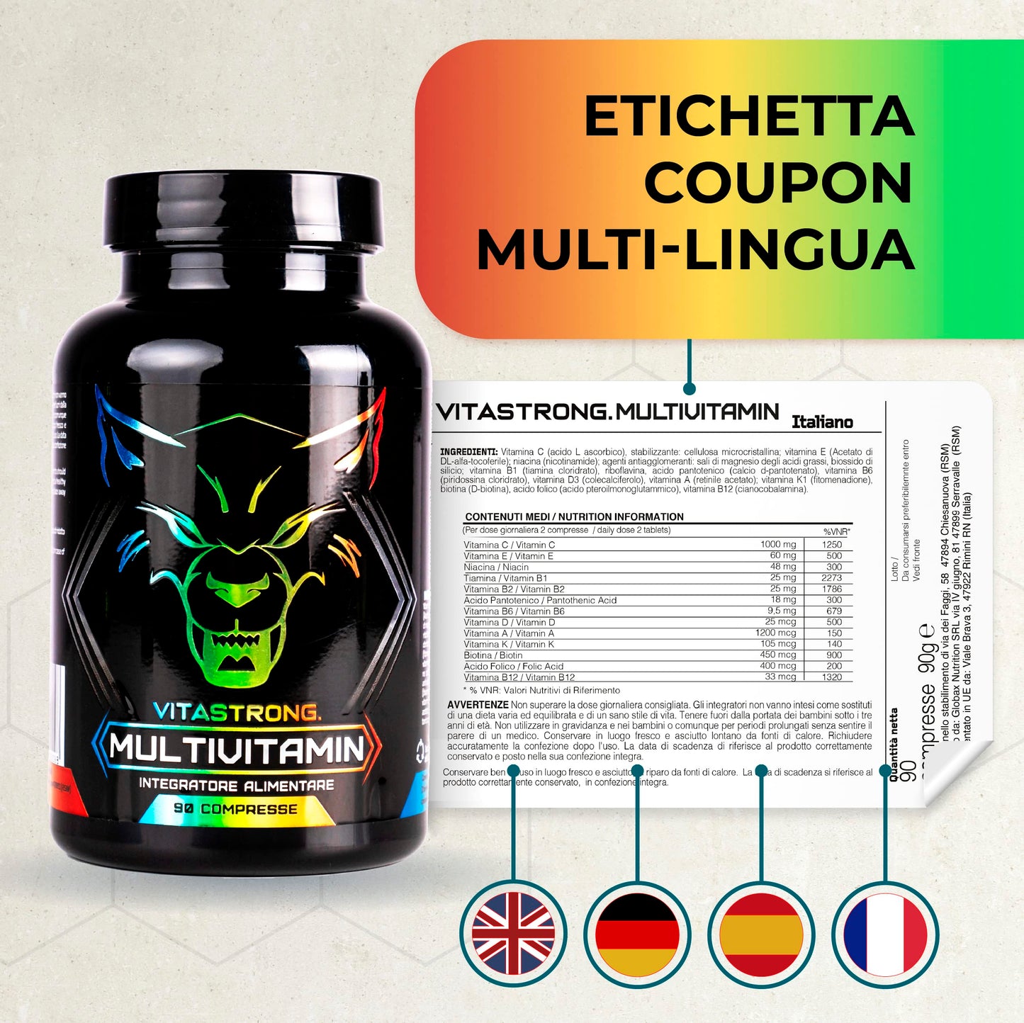 Multivitaminico Completo | Vitastrong Vitamina C, E, B1, B2, B6, D, A, K, B12, Biotina | 100% Naturale e Puro | 13 Vitamine Ad Alto Dosaggio | Made in Italy