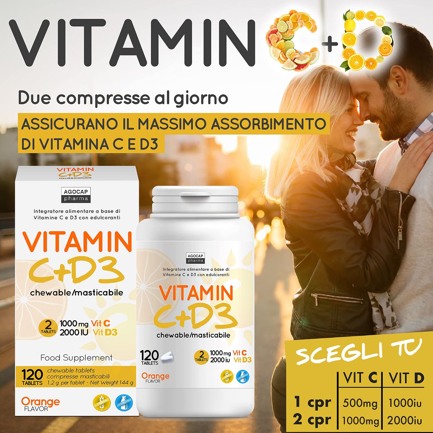 Vitamina C+D3, 120 compresse MASTICABILI, Vitamina C 1000mg + Vitamina d 2000 ui per dose giornaliera. Per difese immunitarie. Vitamina D e C, Agocap