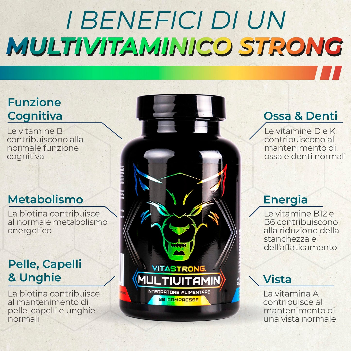 Multivitaminico Completo | Vitastrong Vitamina C, E, B1, B2, B6, D, A, K, B12, Biotina | 100% Naturale e Puro | 13 Vitamine Ad Alto Dosaggio | Made in Italy