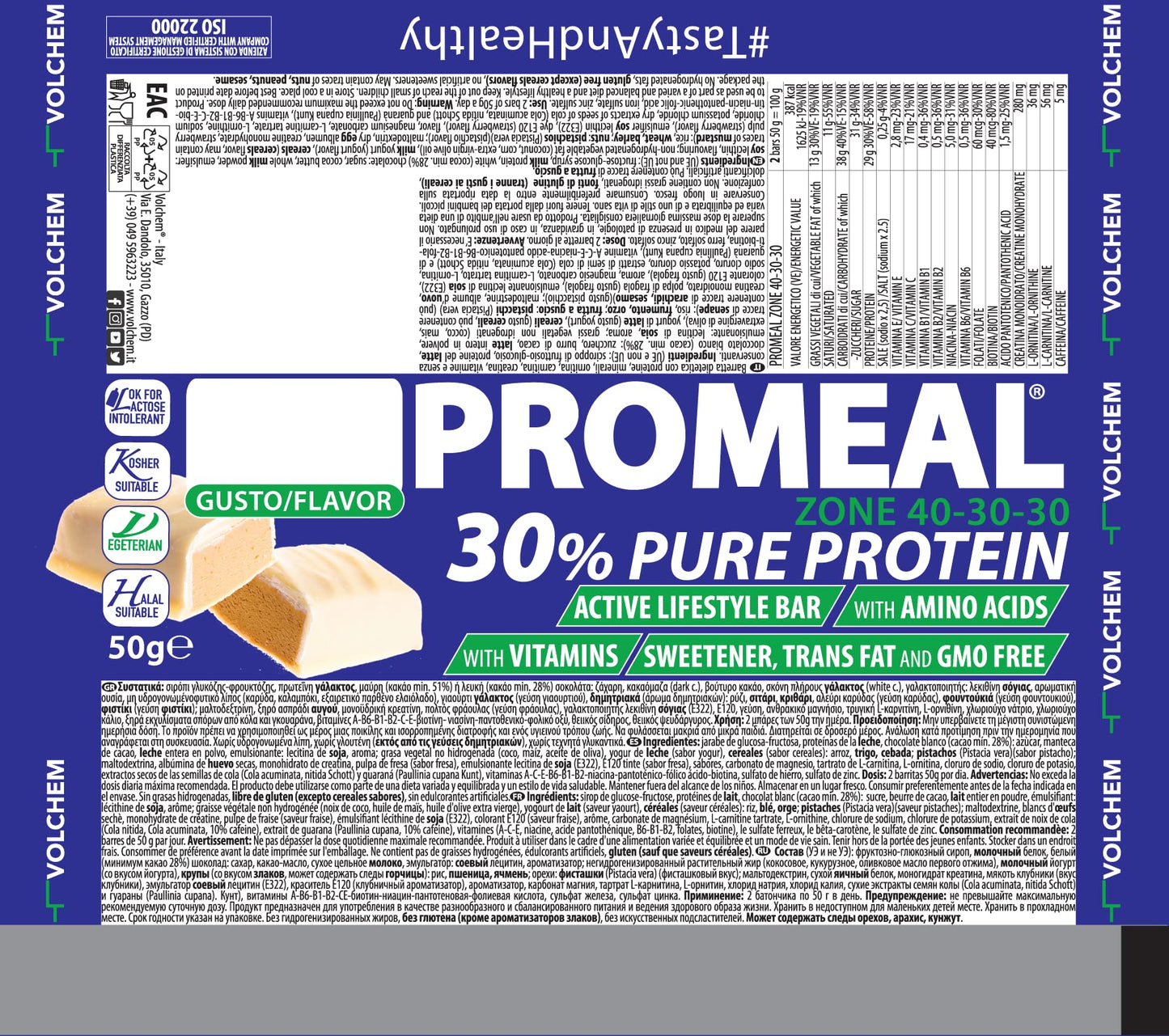 Volchem Promeal Zone 40-30-30, Barretta Proteico-Energetica con Ripartizione di Carboidrati-Proteine-Grassi (40-30-30), Senza Grassi Idrogenati, Scatola da 24 Barrette, Gusto Menta, 1200 g