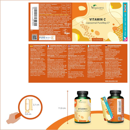 Vitamina C Liposomiale | Dosaggio Ottimale | Pureway-C™ | Alta Biodisponibilità | Acido Ascorbico Puro | 120 Capsule | Vegano & Senza Additivi | Vegavero®