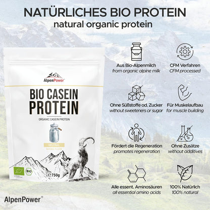 AlpenPower proteina caseina micellare biologica con BCAA e aminoacidi - 100% proteine della caseina in polvere senza additivi - a base del miglior latte d'alpeggio biologico - 750 g