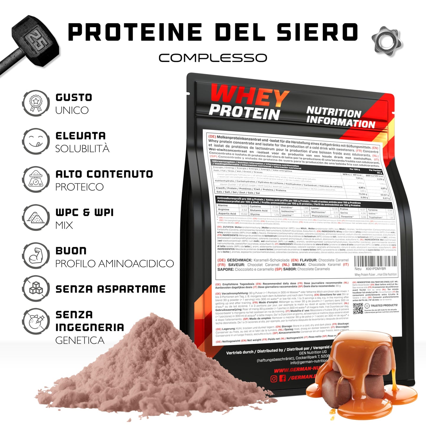 Whey Proteine Complesso - 1000 g (Gelato alla vaniglia) - Con contenuto isolato - Proteine in polvere solubili istantanee con BCAA ed EAA - German Elite Nutrition