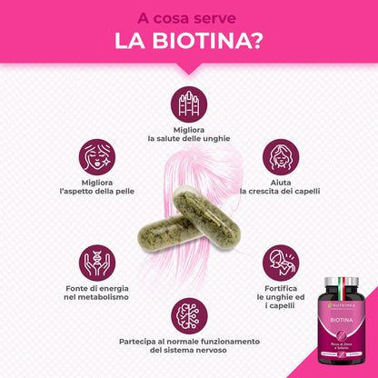 Biotina Nutrimea | Capelli, Unghie e Pelle | Vitamina B8, Zinco, Selenio e Semi di Zucca | Trattamento 4 Mesi | 120 Capsule Vegane