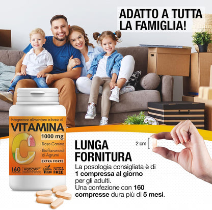 Vitamina C 1000mg, 160 compresse Vegane con Bioflavonoidi da Agrumi e Rosa Canina, alto assorbimento. Rinforza il sistema immunitario | Vitamina C pura. Made in Italy, Agocap