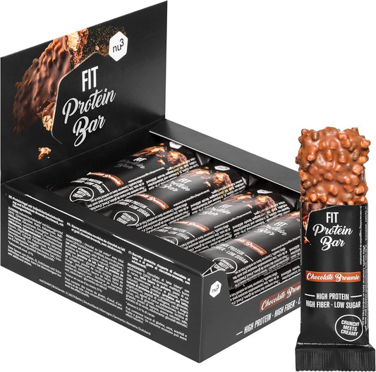 nu3 Fit Protein Bar - Barrette proteiche al gusto brownie al cioccolato - Confezione 12x 55g - Barrette proteica senza olio di palma – Pochi zuccheri – Snack low carb tra un pasto e l’altro