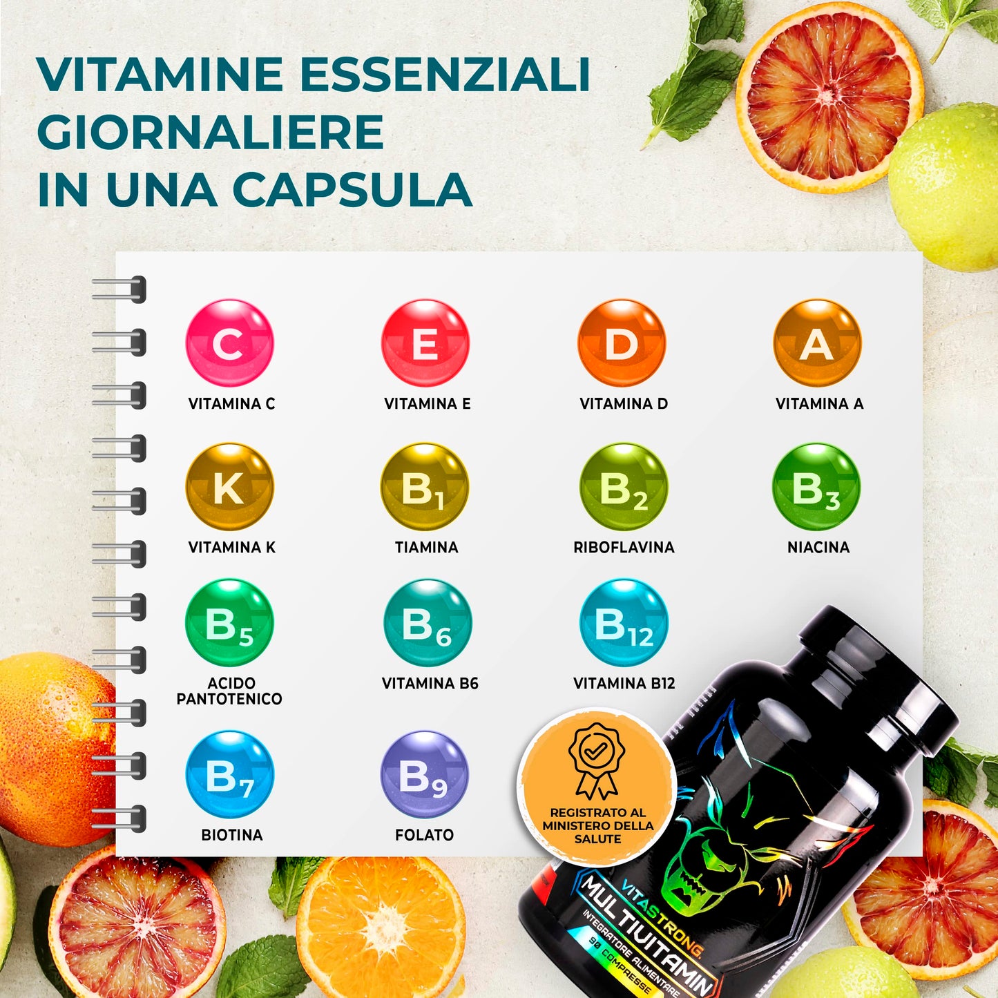 Multivitaminico Completo | Vitastrong Vitamina C, E, B1, B2, B6, D, A, K, B12, Biotina | 100% Naturale e Puro | 13 Vitamine Ad Alto Dosaggio | Made in Italy