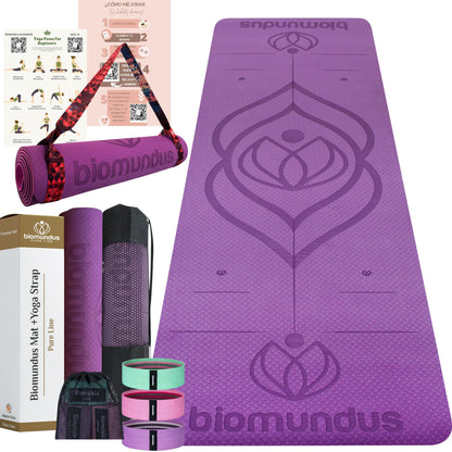 biomundus tappetino yoga antiscivolo + cinghia per lo Yoga + linee di posizione+ borsa tappetino fitness pieghevole tappetino palestra casa tappeto yoga mat