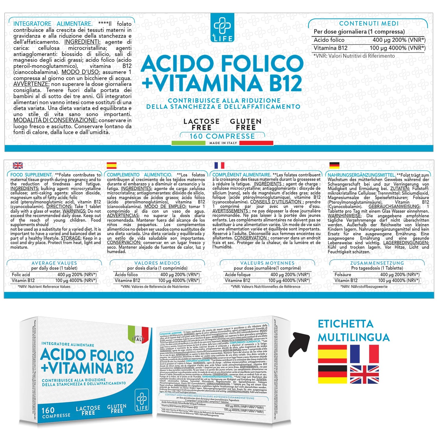 Acido Folico 400 mg Con B12 160 Compresse PiuLife® 1 Al Giorno, Folina Integratore Acido Folico E Vitamina B12, Energia Contro Stanchezza E Affaticamento, Mamma