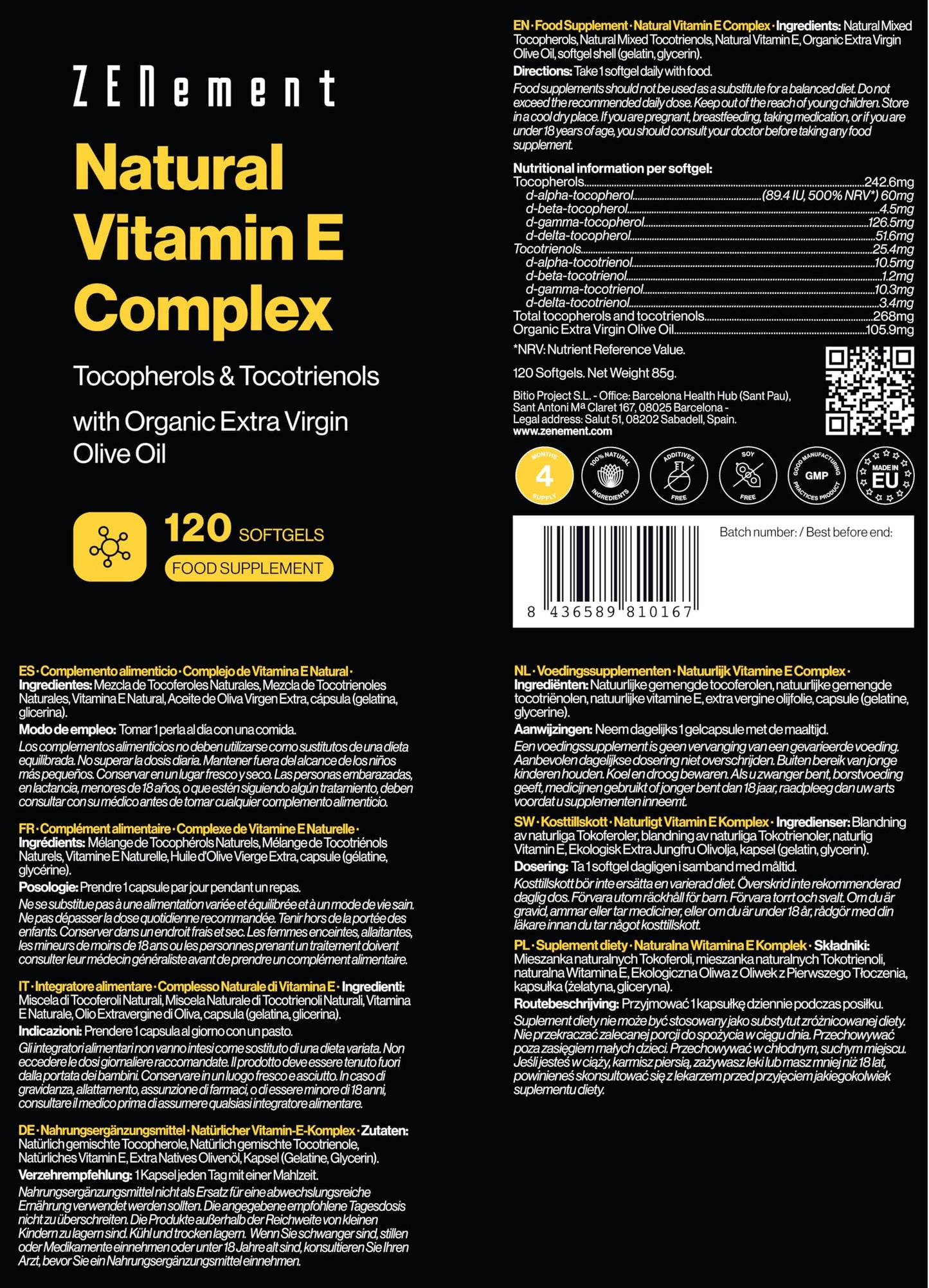 Vitamina E Naturale, Tocoferoli e Tocotrienoli, 120 Capsule Molli | Migliore Biodisponibilità, Massimo Assorbimento | Vitamina E Capsule per Viso, Antiossidante, Pelle e Anti-aging | Zenement