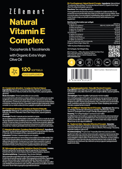 Vitamina E Naturale, Tocoferoli e Tocotrienoli, 120 Capsule Molli | Migliore Biodisponibilità, Massimo Assorbimento | Vitamina E Capsule per Viso, Antiossidante, Pelle e Anti-aging | Zenement