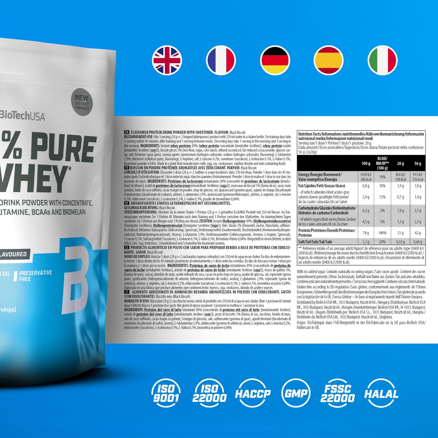 BioTechUSA 100% Pure Whey Complesso proteico del siero di latte con bromelina, aminoacidi, senza zuccheri aggiunti, senza olio di palma e con edulcorante, 1 kg, Cioccolato