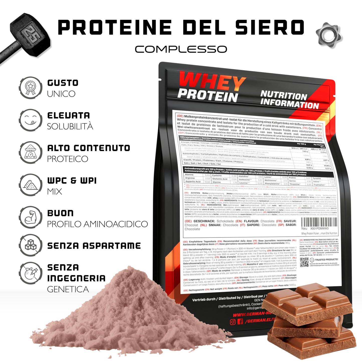 Whey Proteine Complesso - 1000 g (Gelato alla vaniglia) - Con contenuto isolato - Proteine in polvere solubili istantanee con BCAA ed EAA - German Elite Nutrition