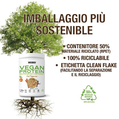 Weider Vegan Protein (750g) Gusto Cappuccino. Proteine Vegane 23g/dose isolate di piselli e riso, Con Vitamina B12 e Stevia, Senza Glutine, Senza Zucchero, Contenitore 50% Riciclato, 100% Riciclabile