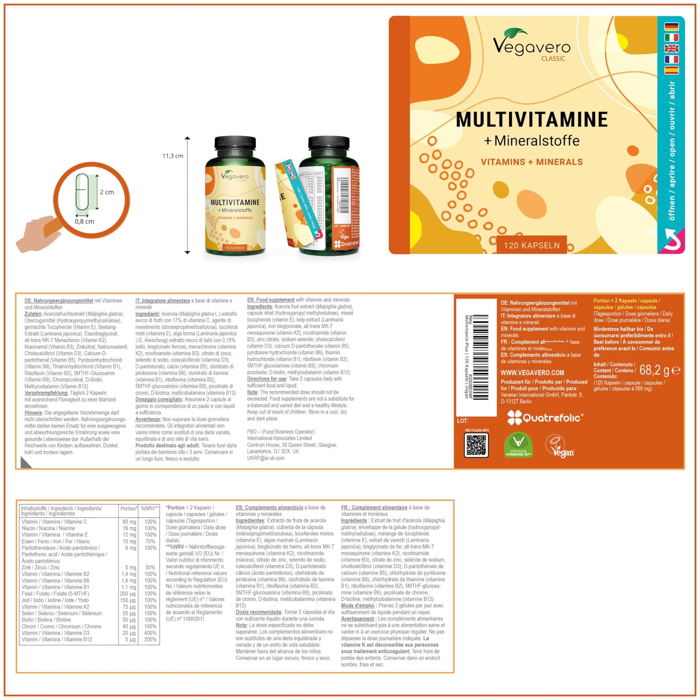 MULTIVITAMINICO Multiminerale Vegavero® | L’UNICO SENZA ADDITIVI | Con Vitamine e Minerali Naturali | Integratore per Difese Immunitarie e Stanchezza per Uomo e Donna | Vegan, Capsula