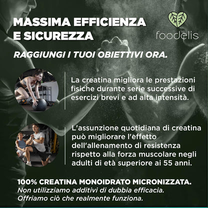 Creatina Monoidrata Micronizzata in polvere 100% - 1 kg / 1000g - Insapore - Aumento delle prestazioni fisiche e della forza muscolare - Incluye dosatore - Altamente solubile - FOODELIS®