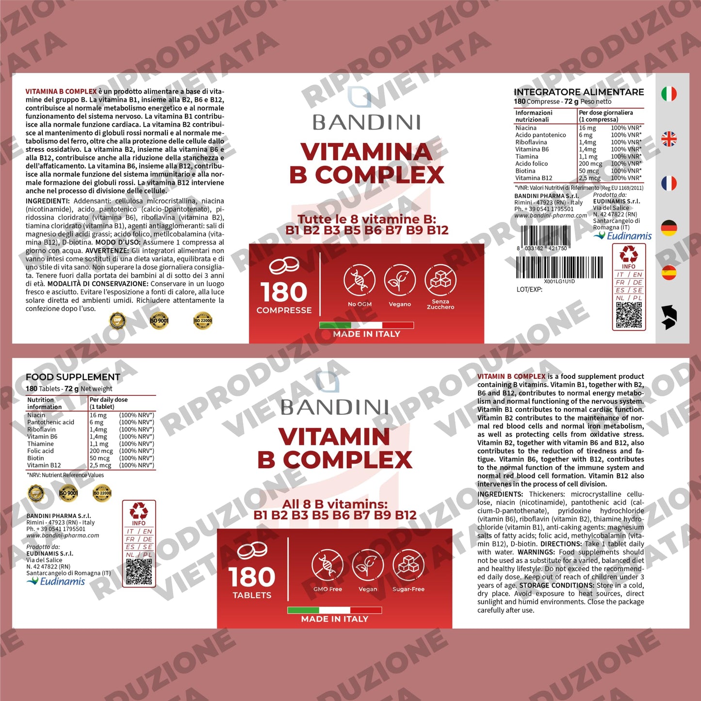 Bandini® Vitamina B Complex Alto Dosaggio - 180 Compresse vegane (6 Mesi) - Con forma bioattiva Quatrefolic® - Vitamine del Gruppo B con Acido Folico, Biotina, B1, B2, B3, B5, B6, B12 | Senza OGM