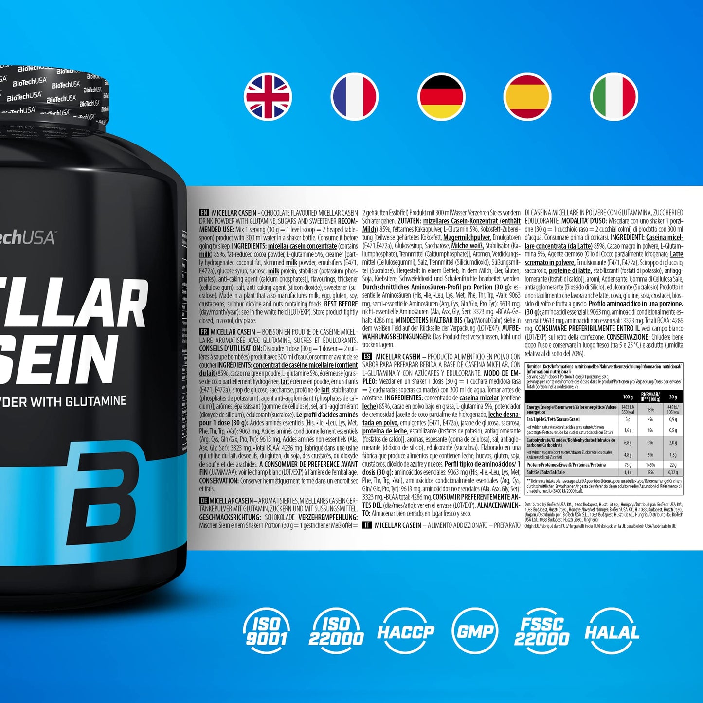 BioTechUSA Micellar Casein in Polvere | Tempo di Assorbimento Esteso | Senza Glutine e Senza Grassi | Aggiunta di L-Glutammina, 908 g, Vaniglia