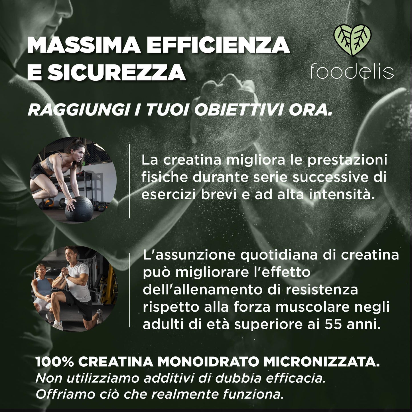 Creatina Monoidrata Micronizzata in polvere 100% - 300g - Insapore - Aumento delle prestazioni fisiche e della forza muscolare - Incluye dosatore - Altamente solubile - FOODELIS®