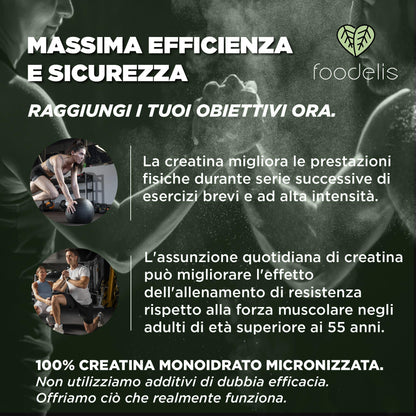 Creatina Monoidrata Micronizzata in polvere 100% - 300g - Insapore - Aumento delle prestazioni fisiche e della forza muscolare - Incluye dosatore - Altamente solubile - FOODELIS®