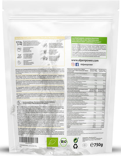 AlpenPower proteina caseina micellare biologica con BCAA e aminoacidi - 100% proteine della caseina in polvere senza additivi - a base del miglior latte d'alpeggio biologico - 750 g