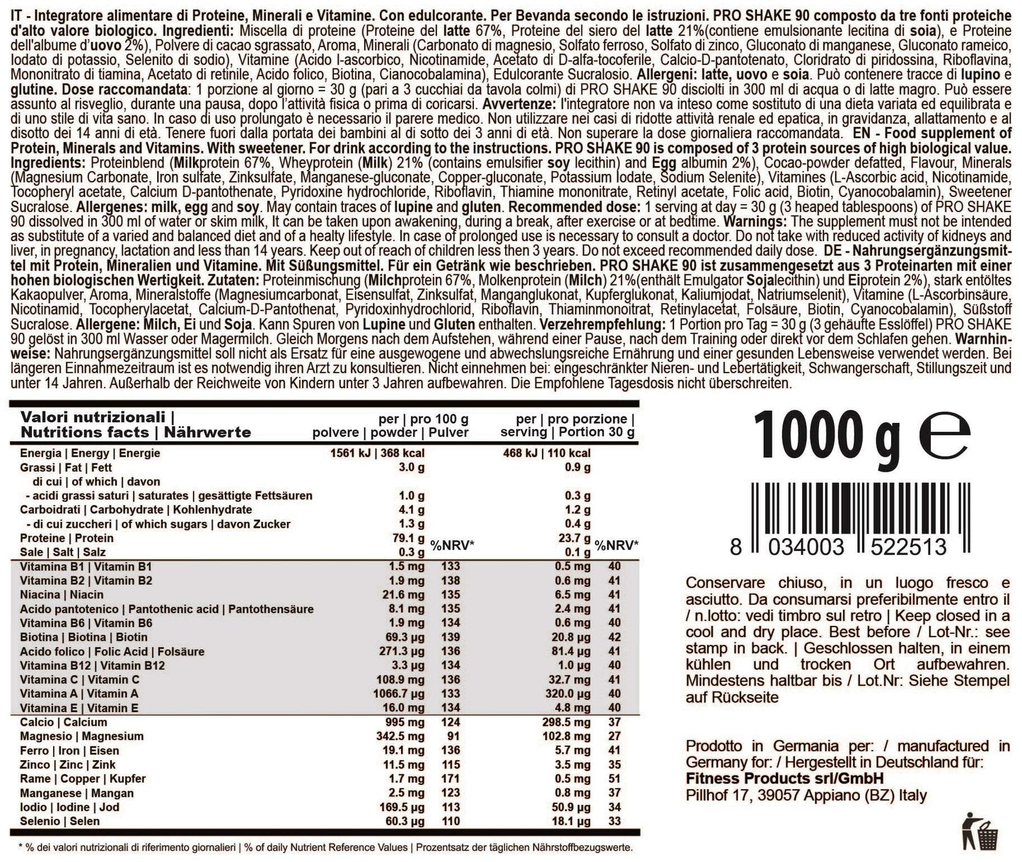 PRO SHAKE 90-1000g - Cioccolato - Multi Protein Complex • Integratore proteico con minerali e vitamine • fornimento prolungato ai muscoli di un regolare e prolungato apporto di aminoacidi