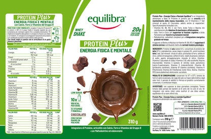 equilibra Integratori Alimentari, Protein Plus Cioccolato, Whey Shake Energia Fisica e Mentale, 13 Vitamine e 7 Minerali, Low sugar, High protein, Maltodestrine, Proteine in Polvere da 310 g, 10 Dosi