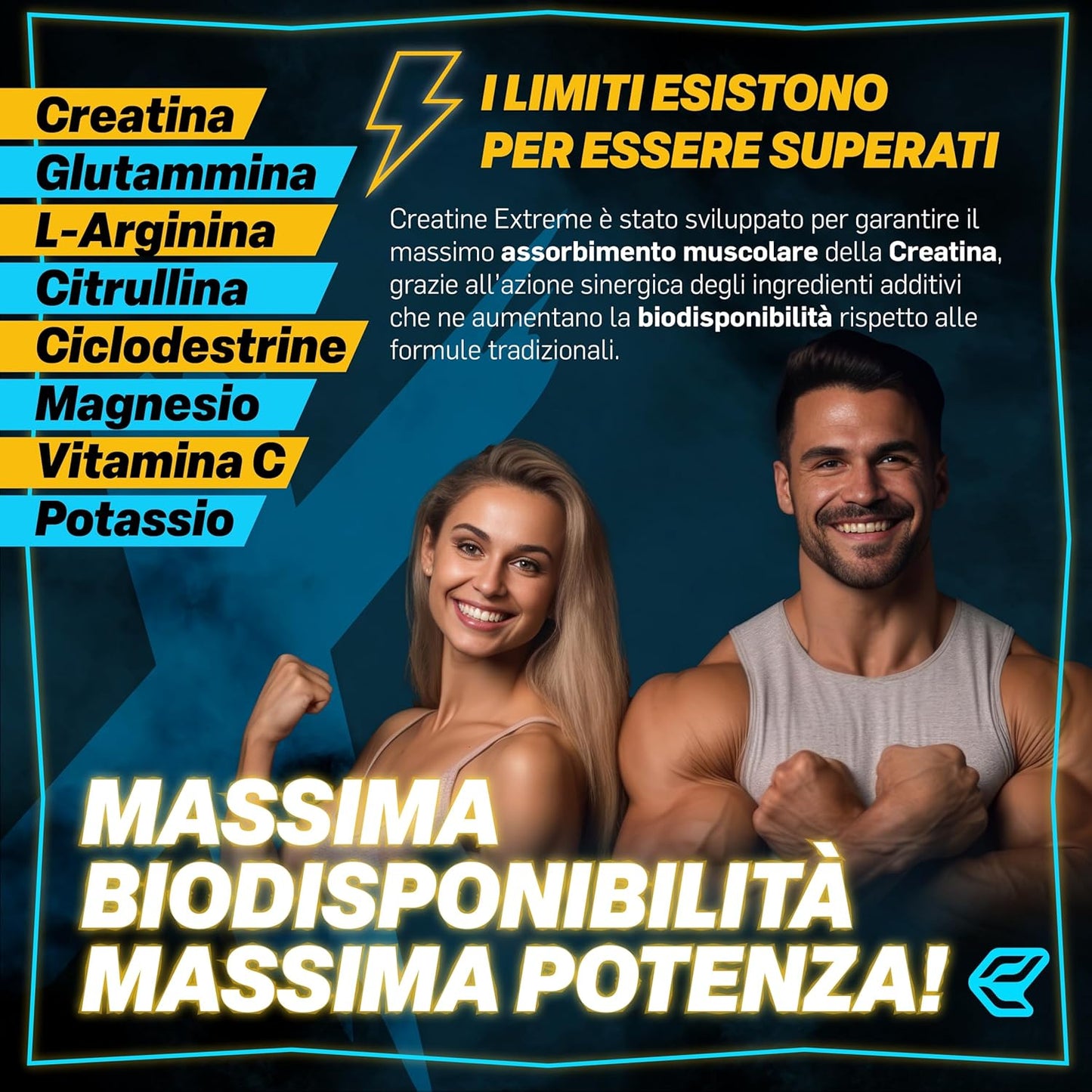 Italian Elite® Creatine Extreme, Creatina con Glutammina, Arginina, Citrullina, Vit C Magnesio, Potassio, Ciclodestrine. Pre Post Workout 120cp Monoidrata Micronizzata a Rapido Assorbimento Muscolare