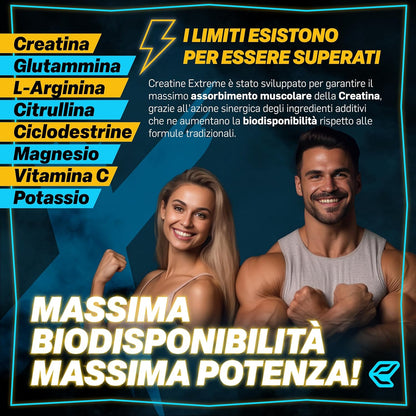 Italian Elite® Creatine Extreme, Creatina con Glutammina, Arginina, Citrullina, Vit C Magnesio, Potassio, Ciclodestrine. Pre Post Workout 120cp Monoidrata Micronizzata a Rapido Assorbimento Muscolare