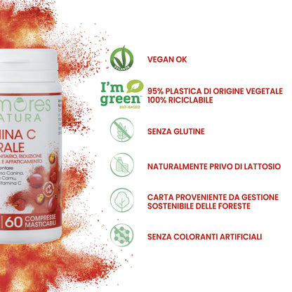 Armores Natura Integratori Alimentari, Vitamina C Naturale, Integratore a Base di Vitamina C da Acerola, Rosa Canina e Camu Camu, Aroma naturale Arancia, Vegano, 60 Compresse Masticabili