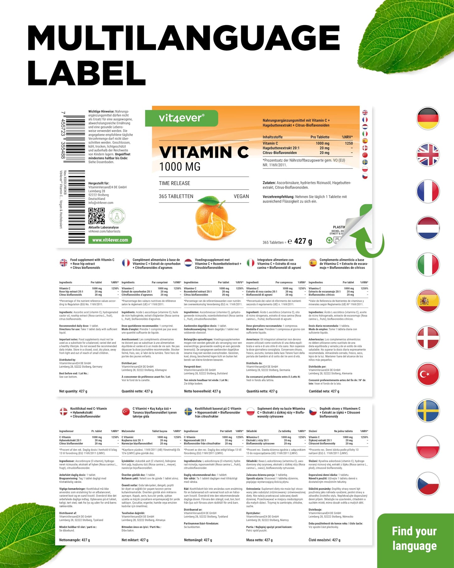 Vitamina C 1000mg - 365 compresse in un anno di fornitura - Effetto Rilasciato nel Tempo - Vitamina C + Estratto di Rosa Canina + Bioflavonoidi di Agrumi - Vegan - Altamente Dosato