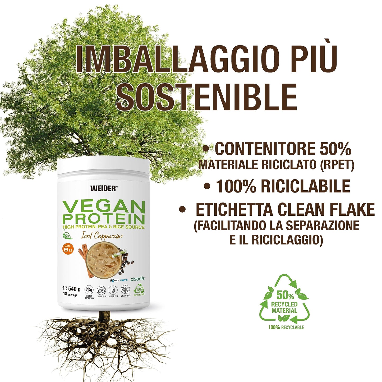 Weider Vegan Protein (750g) Gusto Cappuccino. Proteine Vegane 23g/dose isolate di piselli e riso, Con Vitamina B12 e Stevia, Senza Glutine, Senza Zucchero, Contenitore 50% Riciclato, 100% Riciclabile