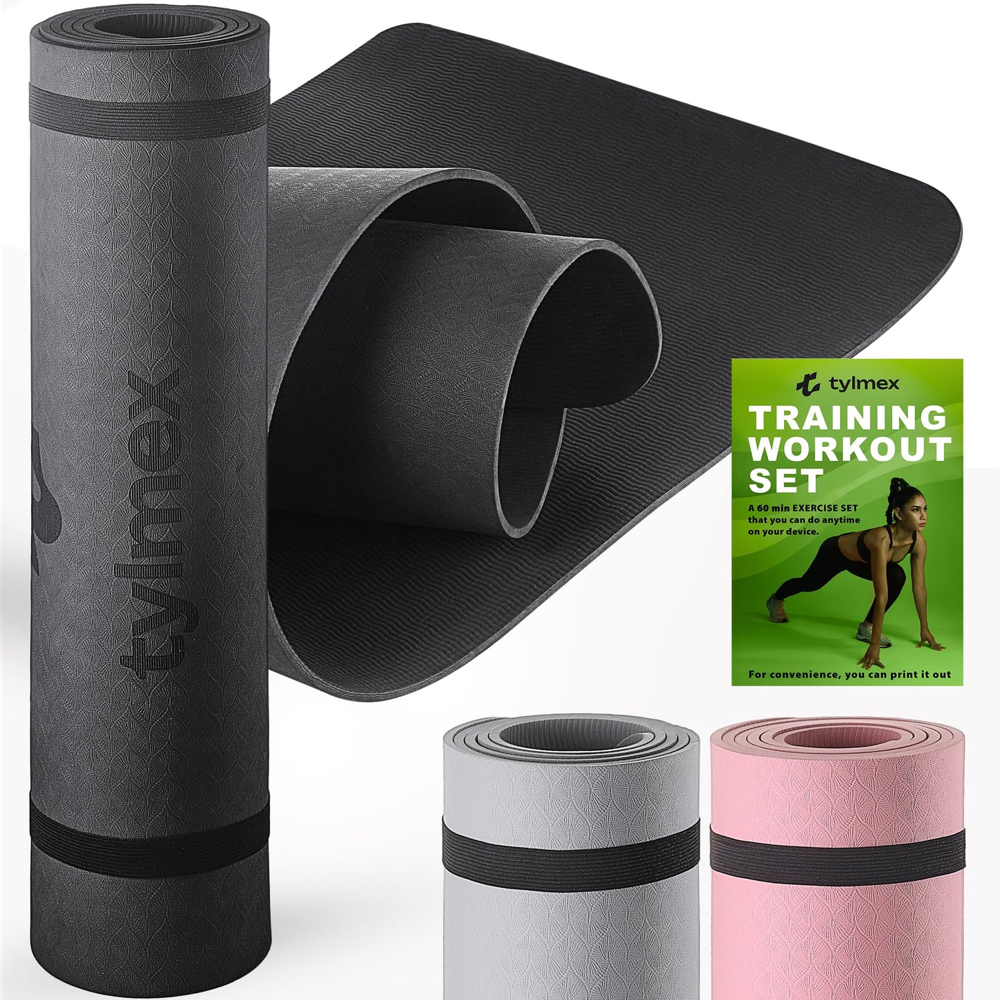 Tylmex Tappetino Yoga in TPE Antiscivolo con Tracolla e Set di Esercizi, Spessore 6 mm - Ideale per Yoga, Pilates e Allenamento a Casa, Tappetino da Ginnastica Pieghevole e Portatile