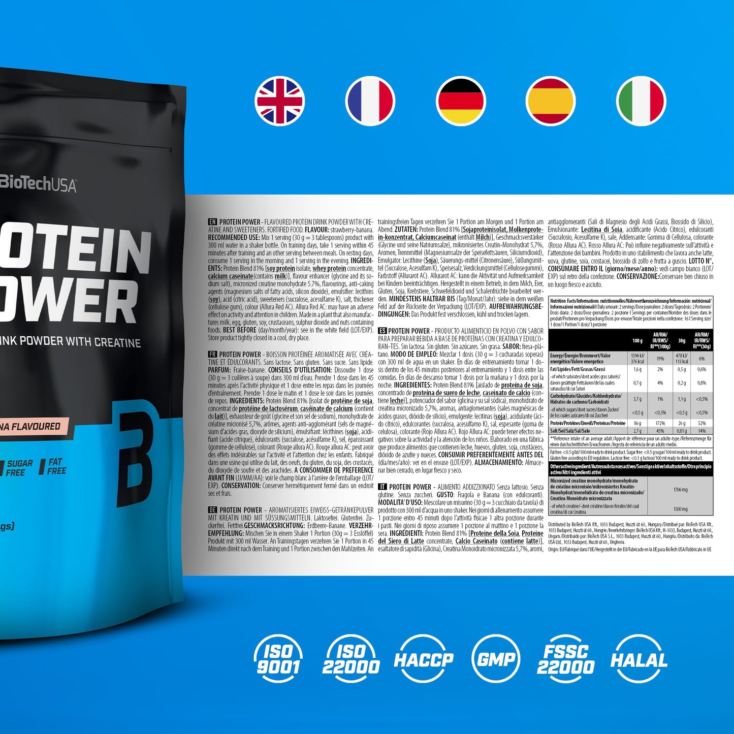 BioTechUSA Protein Power - Alto contenuto proteico, senza zucchero, senza lattosio, senza glutine e con aggiunta di creatina, 1000 g, Cioccolato