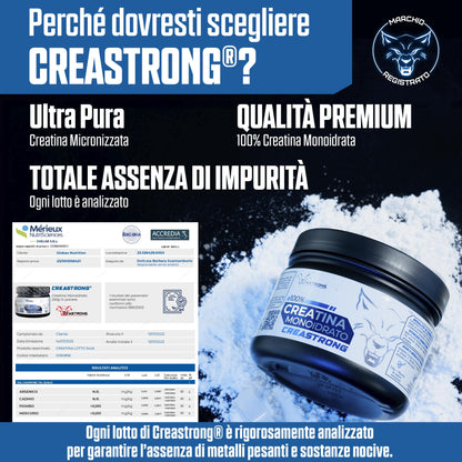 Creatina Monoidrata 100% PURA Creastrong® - Marchio Registrato di Vitastrong, Creatina in Polvere, Creatina Monoidrata Polvere - Creatina Monoidrato, Creatina Polvere ad Alto Dosaggio, Made in Italy